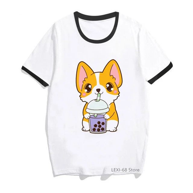 Милые корги/Кот/медведь/панда/слон любовь Боба чай мультфильм печать футболка