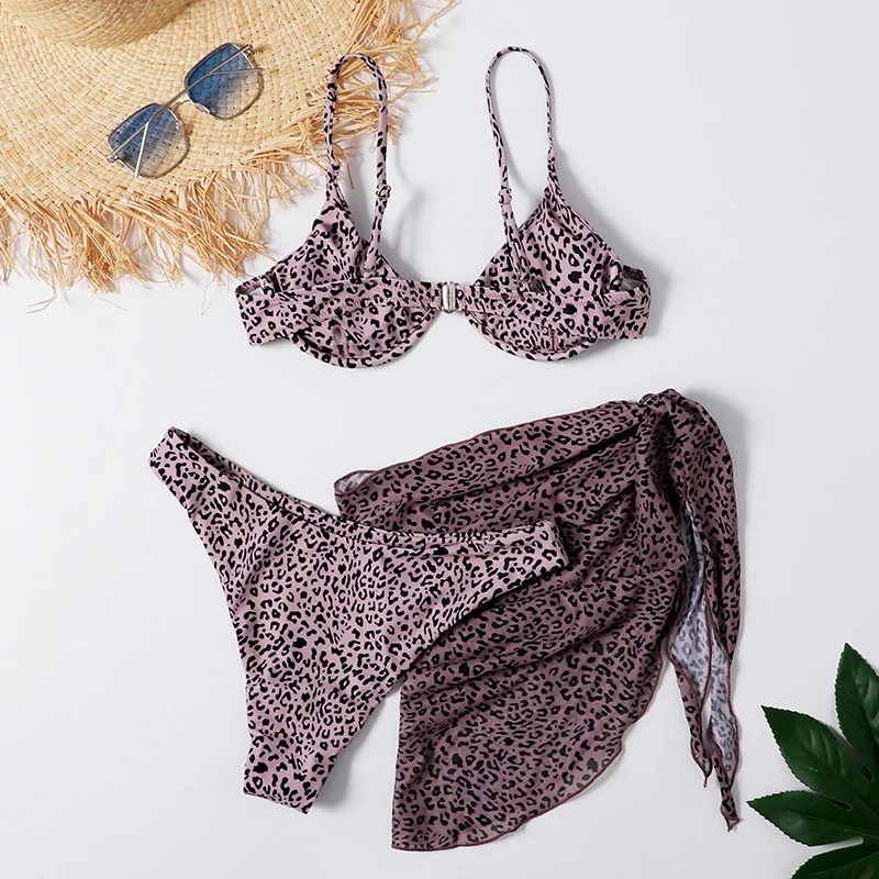 

Brazilian Sexy Underwire Push Up Bikinis 3 Piece Set Swimwear Women Leopard Print Bathing Suit Backless Biqiuni Beachwear