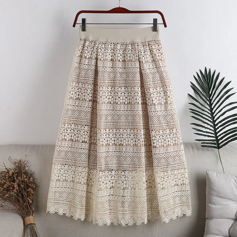 New Women Swing Skirt Ladies Fashion Crochet Knitted High Waist Hollow Out Pleated Mid-Skirt Soft Middle Skirt