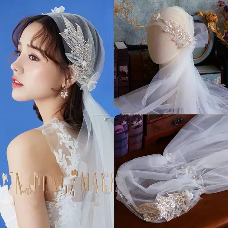 Super fairy sweet handmade sequin veil wedding styling three-dimensional flower beautiful photo accessories |