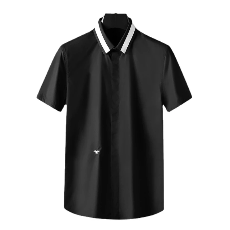 

Summer classic all-match collar black and white patchwork embroidery men's short-sleeved white shirt mens clothing 2021