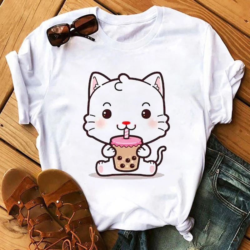 

Bubble Tea Printed Cute Cartoon T Shirt Women O-neck Short Sleeve Casual White Tops Tshirt New Summer Bear T-shirt Female