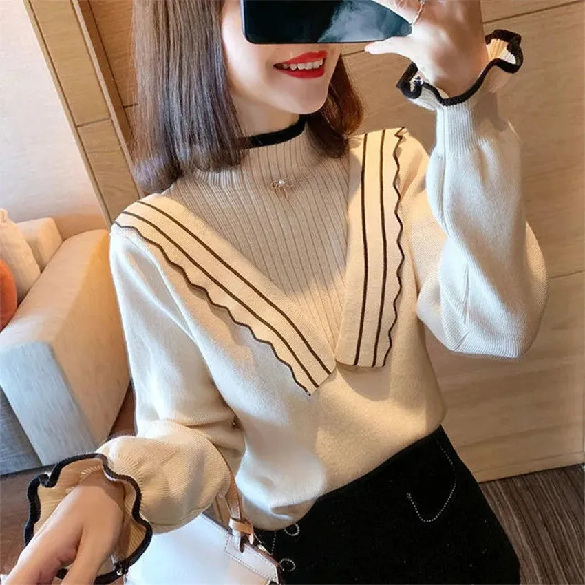 

Mock Neck Women'S Warm Sweater Autumn Winter Korean Long Sleeve Casual Slim Knitted Bottoming Sweater Top
