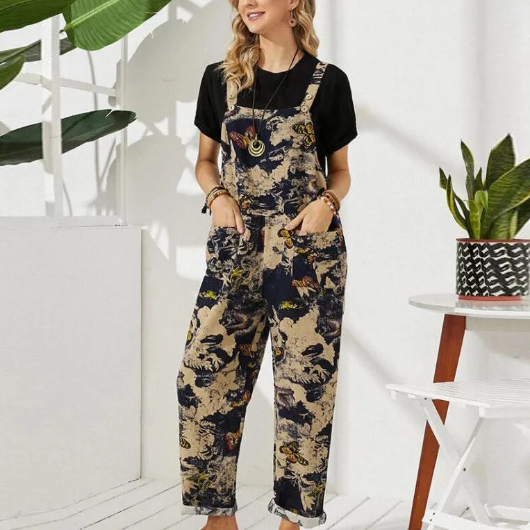 

2021 Boho Womens Ethnic Printed Vintage Jumpsuit Ladies Fashion Buttons Suspender Overalls One Piece Outfits Summer combinaisons