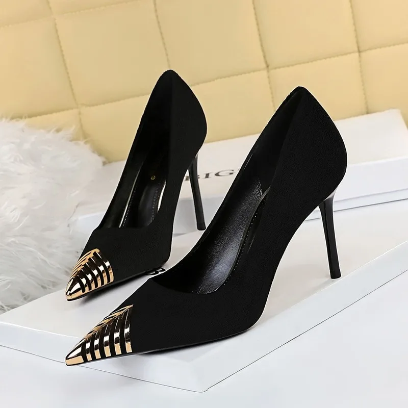 

BIGTREE Fashion Sexy Women Pumps Nightclub Thin High Heel Suede Shallow Mouth Metal Pointed Single Shoes Party High Heels Mujer