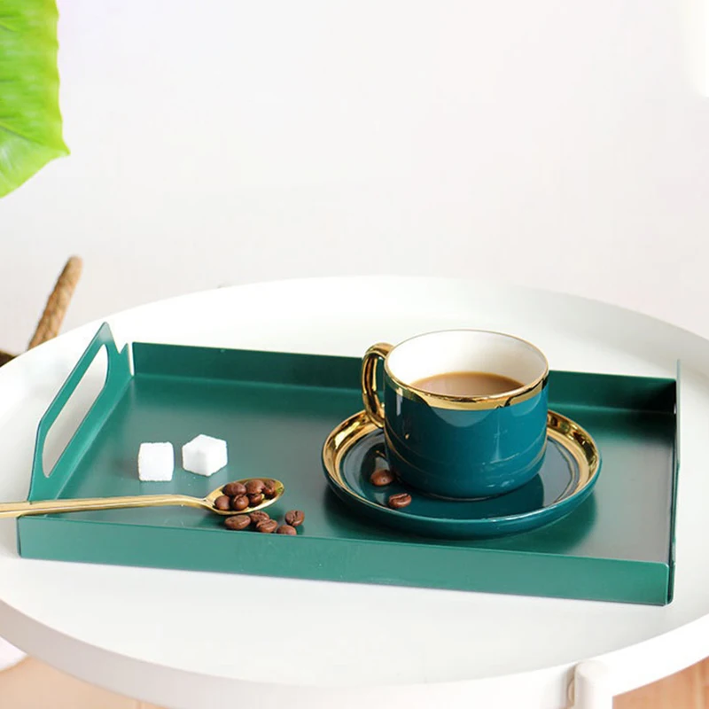 

Hot Nordic Morandi Tray Rectangular Dark Green Home Iron Art Pendulum Props Teacup Tray Storage Tray