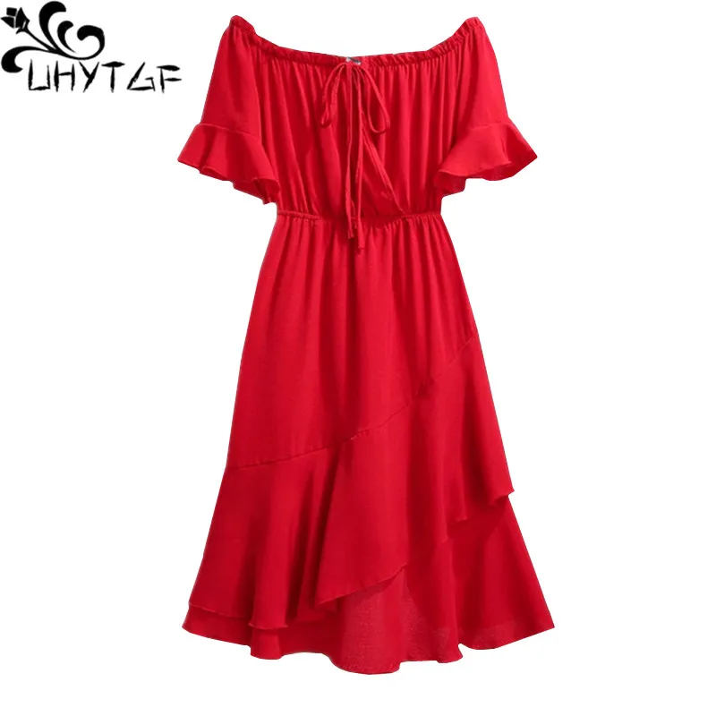 

Женское летнее платье UHYTGF с воротником «одно слово», сексуальное платье с открытыми плечами, черные, красные платья больших размеров 4XL, платья для вечеринки, 178