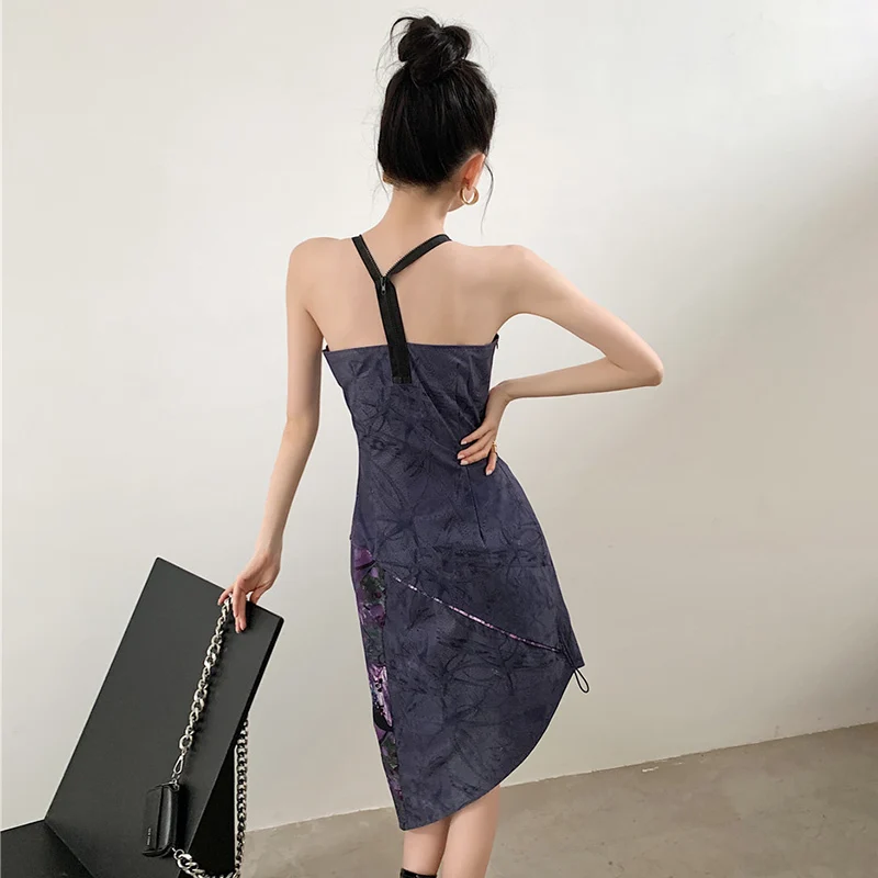 

XIZIHUPAN Navy Blue Print Dress For Women V Neck Sleeveless High Waist Drawstring A Line Dresses Female 2021 Summer Fashion Tide