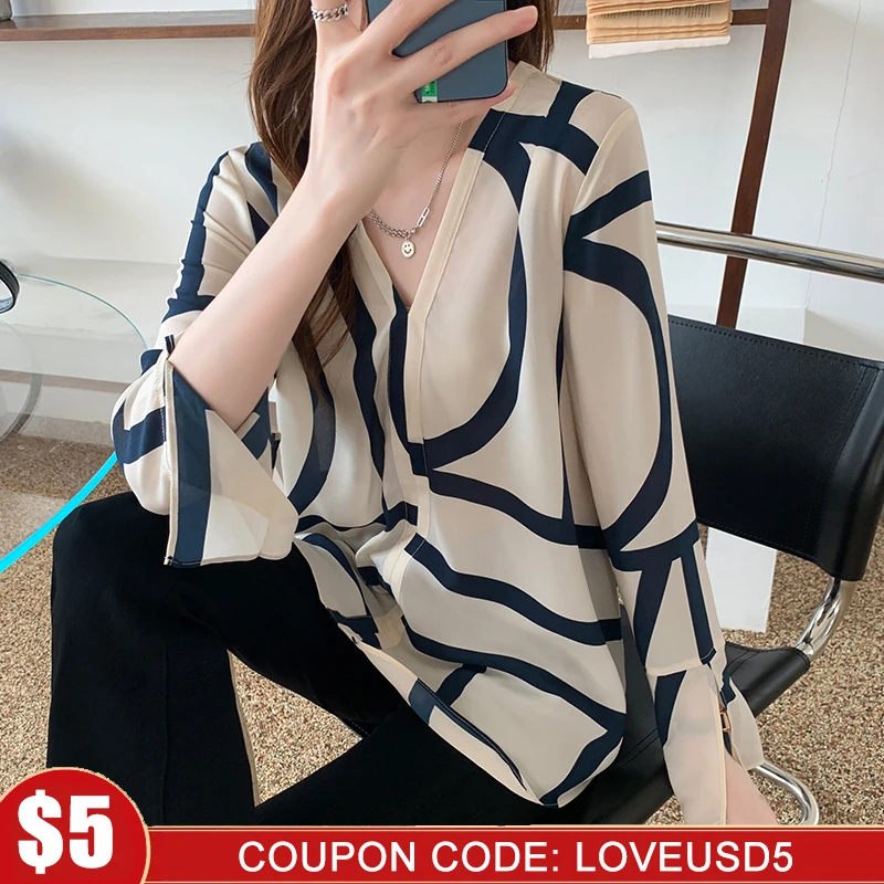 

COIGARSAM 2022 Весенняя Повседневная рубашка в случайную полоску Женские топы с длинным рукавом прямой V-образный вырез абрикосовые темно-синие ж...