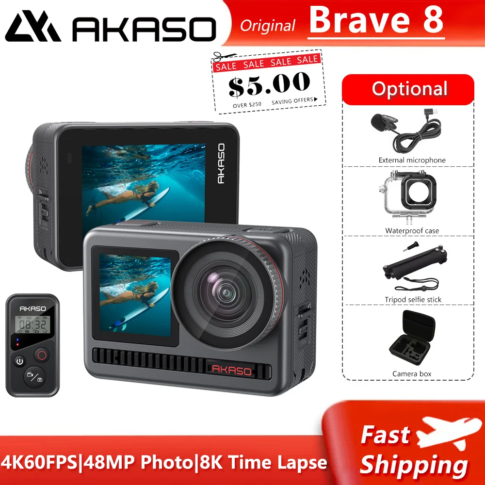 

AKASO Brave 8 4K60fps 48MP Action Camera WiFi HD Vlog Cam 8K Remote Control Time-Lapse Underwater Waterproof Sport Helmet Camera