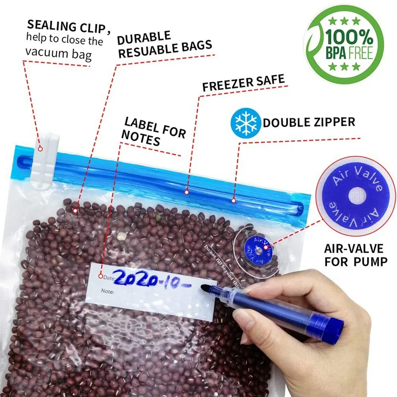 Sous Vide Bags 15Pack Reusable Electric Vacuum Food Storage Save Sealer Cooker with 1 Hand Pump 2 Size Sealed Bag 4 Clip | Бытовая
