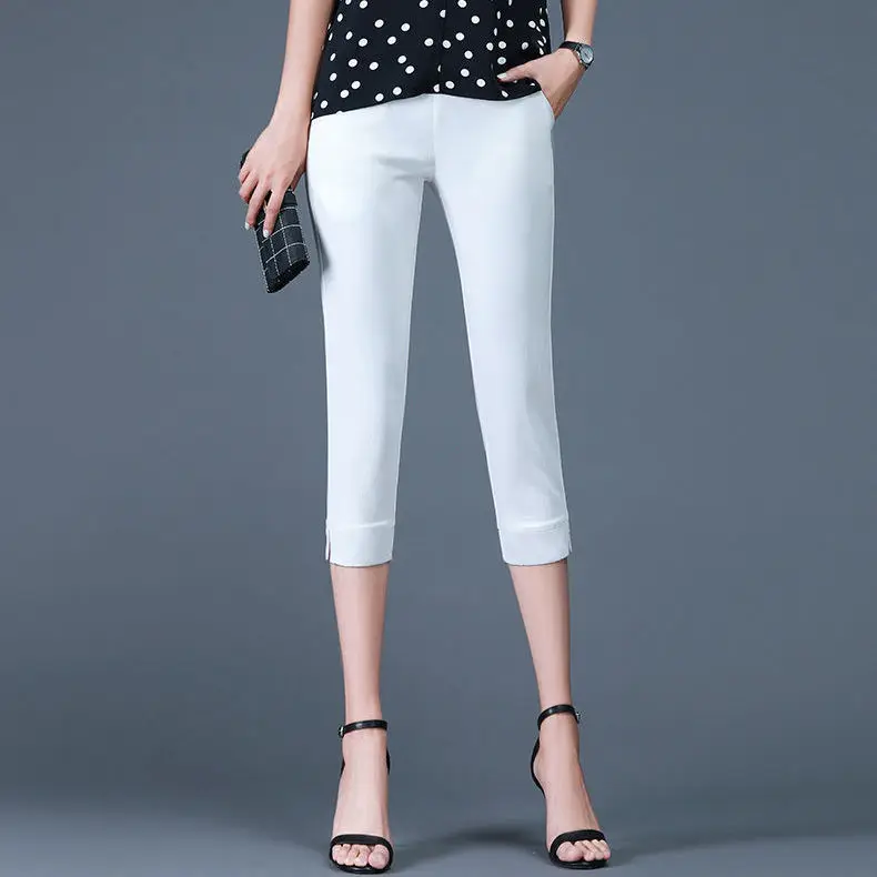 

Women's Skinny Capris Pocket Pencil Pants Calf-length Solid Pant 2021 Spring Summer Female Casual White Black Stretch Pants