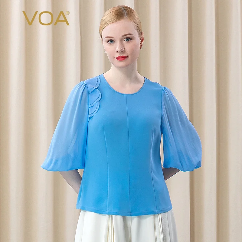 

VOA Silk Heavy 41m/m Water Blue Lantern Sleeve Woman Tshirts Asymmetrical Lotus Leaf Edge Stitched Round Collar T-shirt BE395