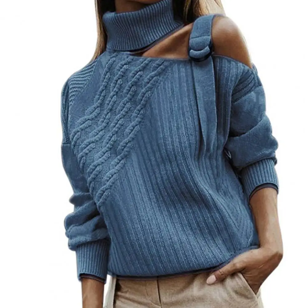 

Women Sweater Turtleneck Solid Color One-shoulder Cut Out Spring Sweater for Daily Wear