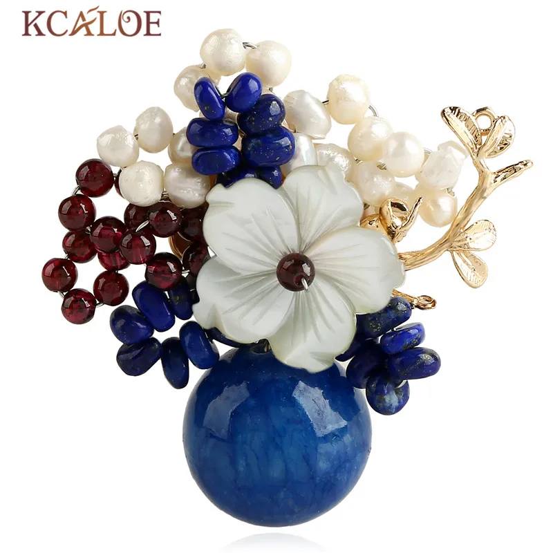 KCALOE большие броши, модная жемчужная жемчужина, голубой/зеленый круглый шар с натуральным камнем, подвеска в виде цветка, брошь, ювелирные изделия ручной работы