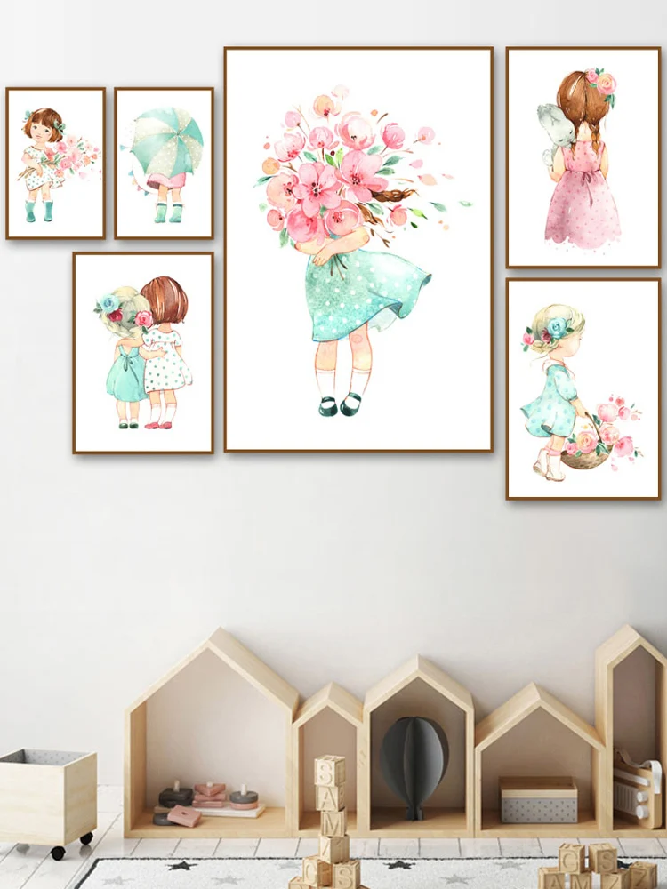 

Nordic Canvas Painting Cute Baby Girl Rose Flower Umbrella Posters and Prints Nursery Wall Pictures for Kids Room Decor No Frame