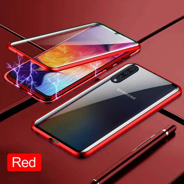 Red Магнитный чехол для samsung Galaxy A50 A40 A30 A20 A10 A60 A70 M30 M20 M10 A7 металлический корпус закаленное Стекло задняя крышка - Цвет: Red