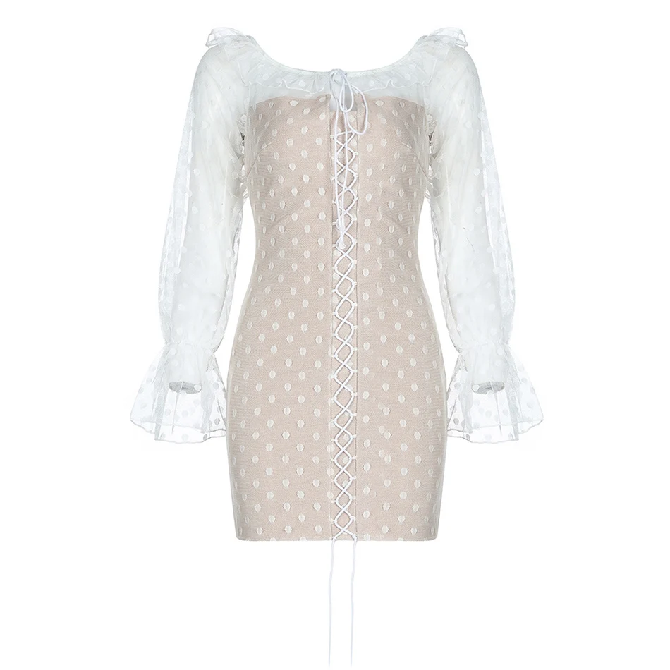 

2020 New Summer Women's Sexy Long Sleeve Lace Patchwork Lace Up Bandage Dress Bodycon Celebrity Club Party Runway Mini Dress