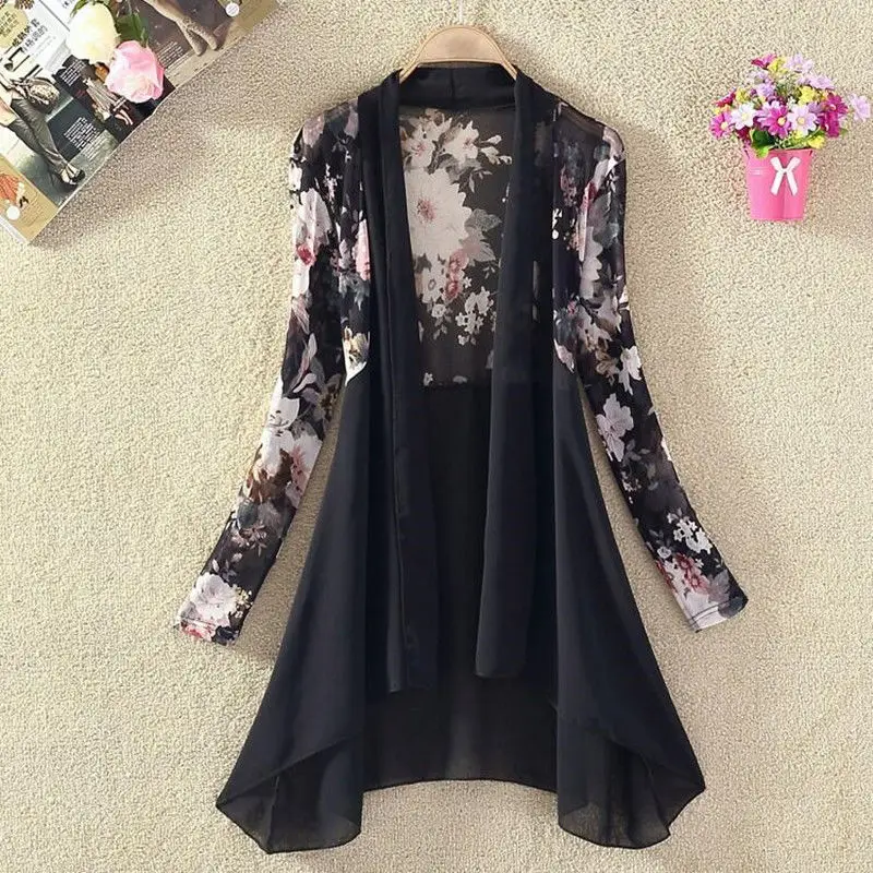 Шифоновая куртка кардиган с принтом Пляжная летняя тонкая рубашка длинным