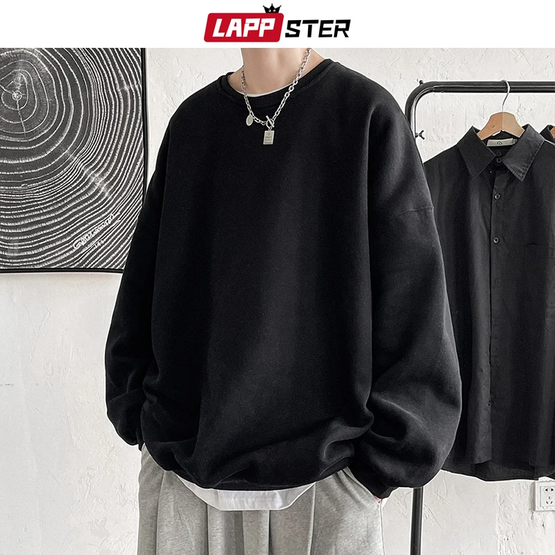 LAPPSTER Men Colorfuls Black Solid Hoodies 2022 Mens Oversized Japanese Streetwear Sweatshirts Man Harajuku Crewneck Hoodie 5XL