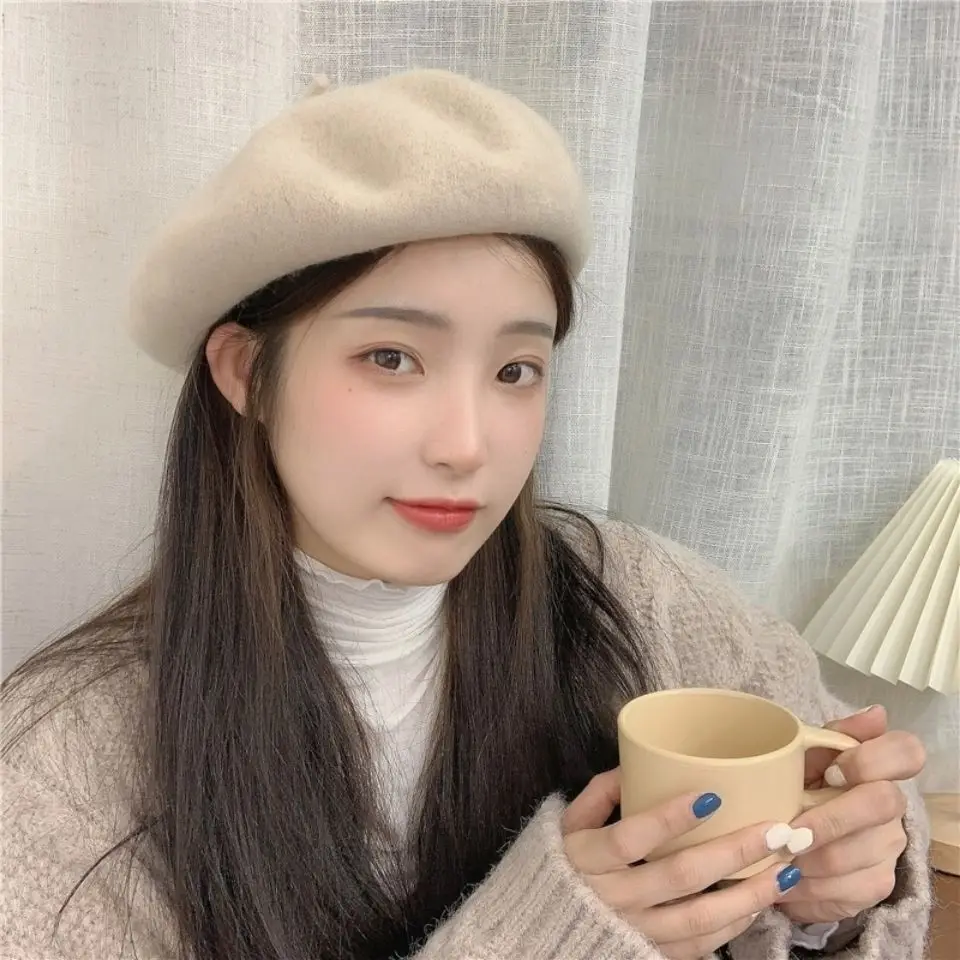 Шапка-берет Женская шерстяная однотонная милый ретро берет художника стильная