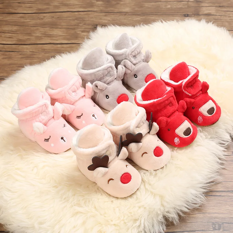

Baby First Walker Plush Fur Winter Kids Shoes Newborn Infant Toddler Cozy High Quality Cartoon Pink Red Chrismas Anti-Skid