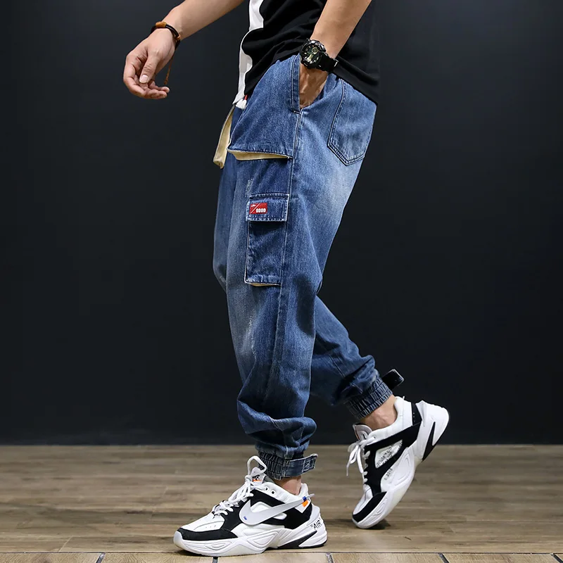 

Джинсы мужские свободного покроя, модные штаны-карго с несколькими карманами, уличная одежда, брюки-султанки с низом, Джоггеры в стиле хип-хоп, синие