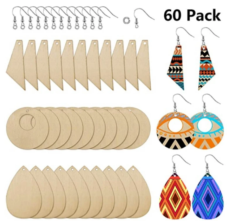 

60 Pieces Unfinished Wooden Earrings Pendants Blank Jewelry Making DIY Crafts N58F