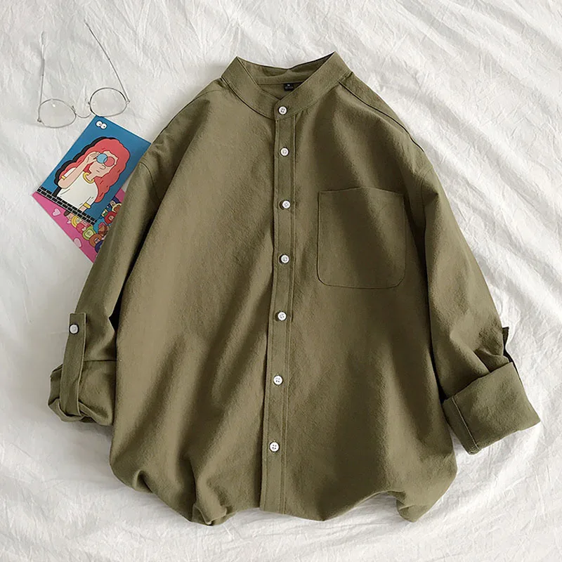 Simple Design Solid Colors Long Sleeve Shirts Korean Fashion Mandarin Collar 100% Cotton White Black Shirt Soft and Comfort