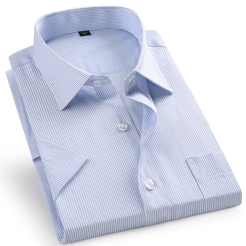 1 Striped Blue Твил чистый цвет 8XL 7XL 6XL 5XL большой размер Мужская рубашка с коротким рукавом приталенная официальная Мужская белая рубашка деловые мужские рубашки - Цвет: 1 Striped Blue