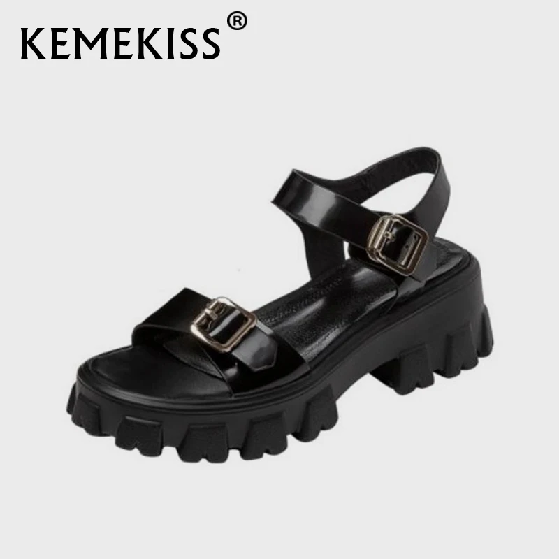

KemeKiss 2021 Real Leather Women Sandals Buckle Strap Thick Bottom Fashion Shoes Outdoor Casual Daily Ladies Footwear Size 34-42