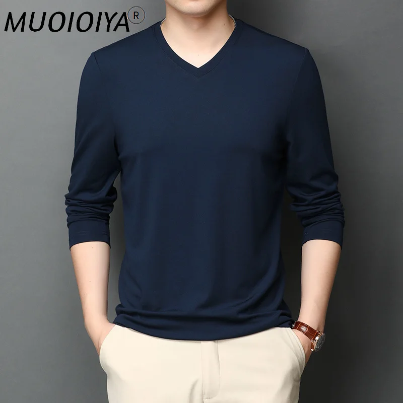 

Новинка 2022, Мужская футболка MUOIOYIA, весна-осень, шелковые футболки для мужчин, одежда, модные футболки с длинным рукавом, топы из модала KJ7077