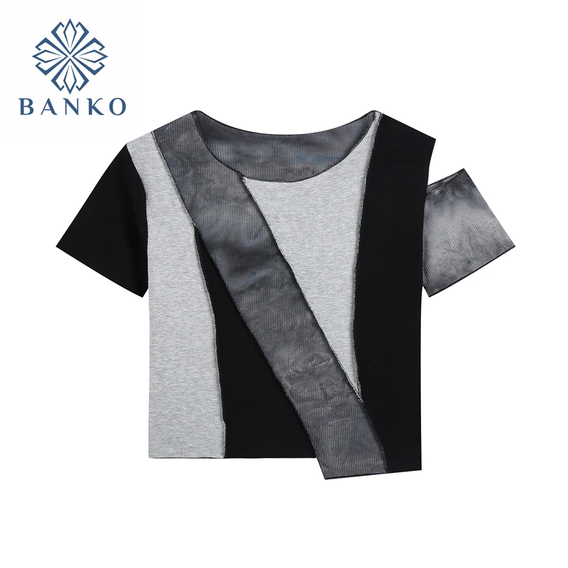 

Крутая женская футболка в стиле пэчворк, уличная одежда, винтажные укороченные топы с круглым вырезом и коротким рукавом, 2021, корейские модн...