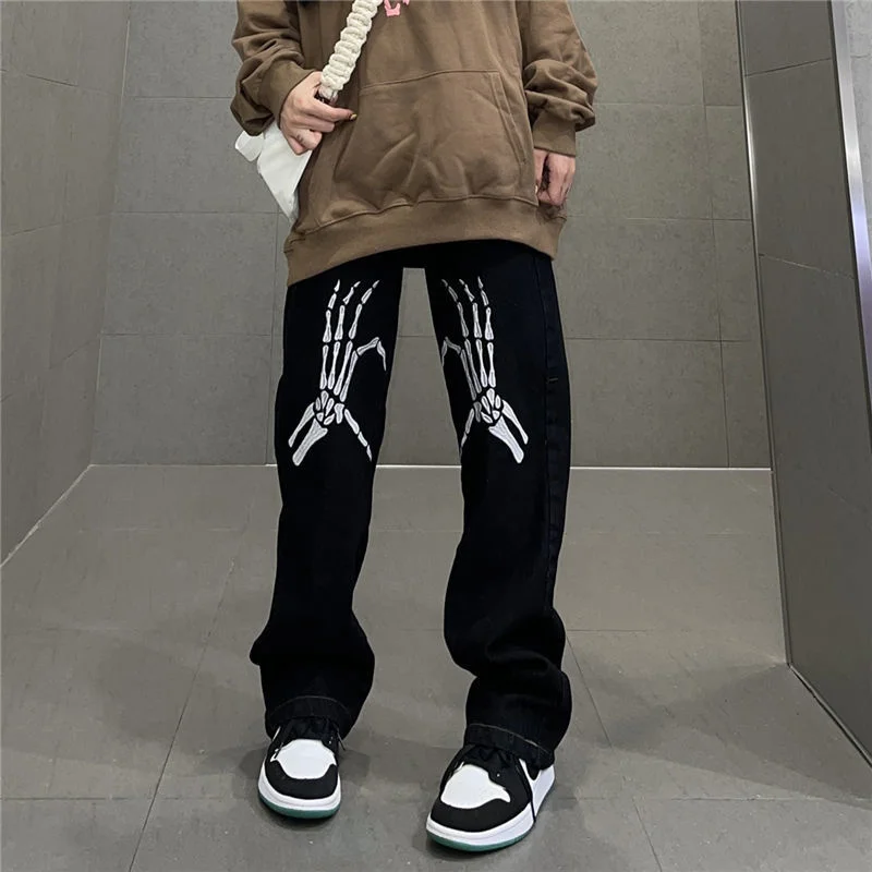 

Женские брюки в стиле хип-хоп Harajuku, свободные прямые джинсовые куртки с широкими штанинами и принтом