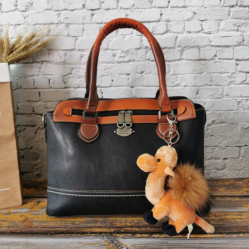 Balck With Camel Сумки из натуральной воловьей кожи для женщин, винтажные роскошные сумки из натуральной кожи, женские сумки, дизайнерская Большая вместительная сумка на плечо - Цвет: Balck With Camel