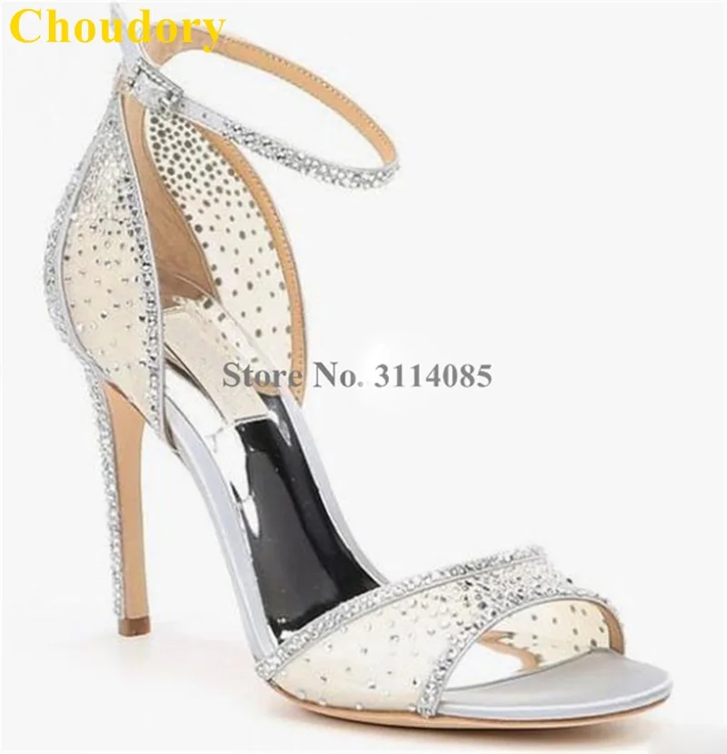 Сетчатые сандалии Choudory цвета шампанского на высоком каблуке с кристаллами