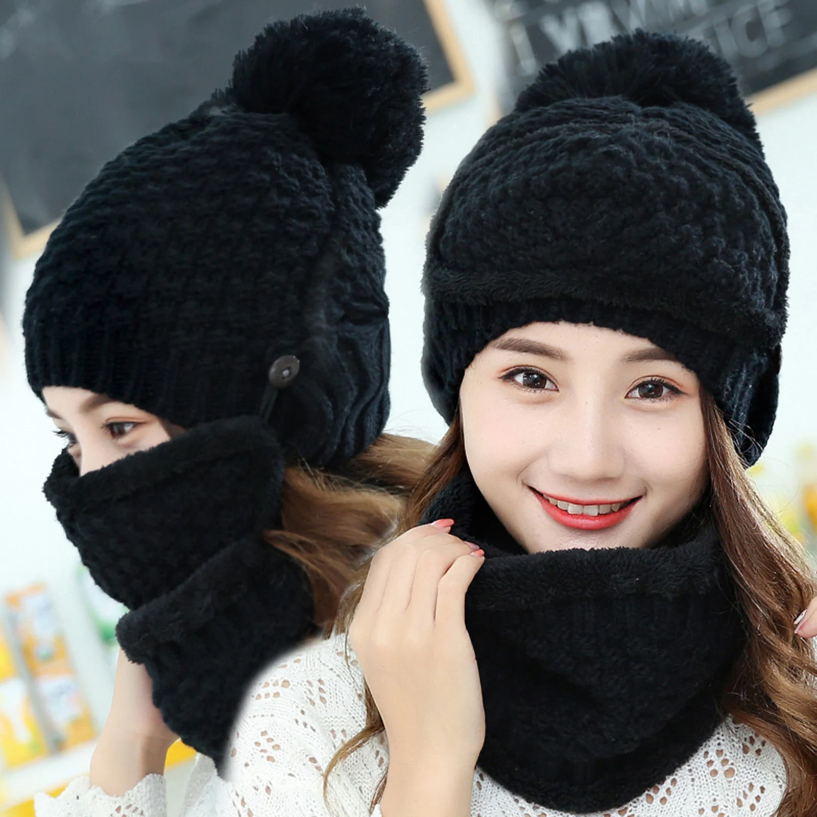

3-Piece Set Womens Winter Plus Velvet Hat Set Thickend Knitted Hat Scarf Face Cover Outdoor XRQ88