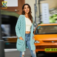 cgyy women casual streetwear open front stitch long sleeve chunky knitted cardigan sweater water green color loose outwear coat
