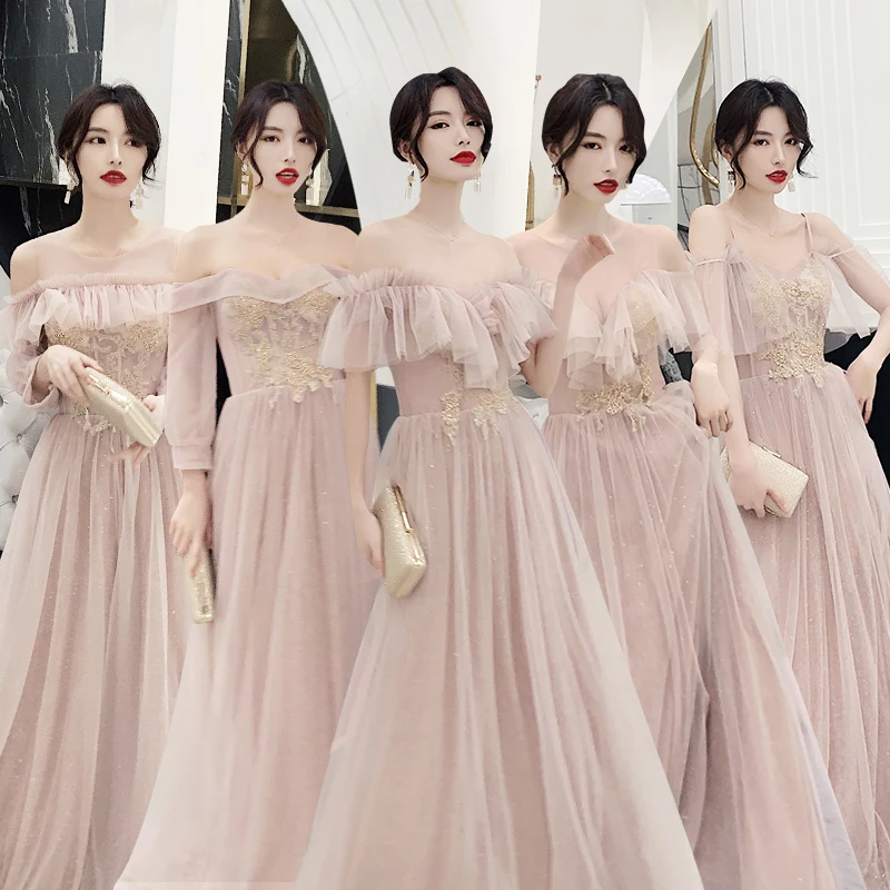 

Bridesmaids Dress A-Line V-Neck Floor-Length Lace Tulle Spaghetti Straps Short Embroidery Sequined Women Wedding Party Gown E303