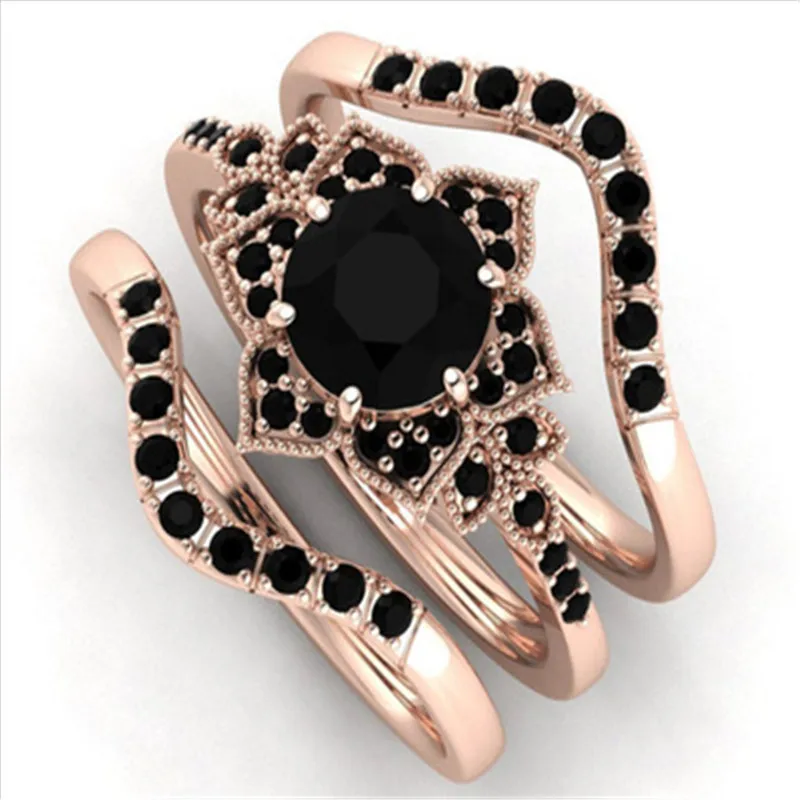 

New fashion jewelry glamour woman rose gold black zircon flower three - piece engagement ring for anniversary wedding