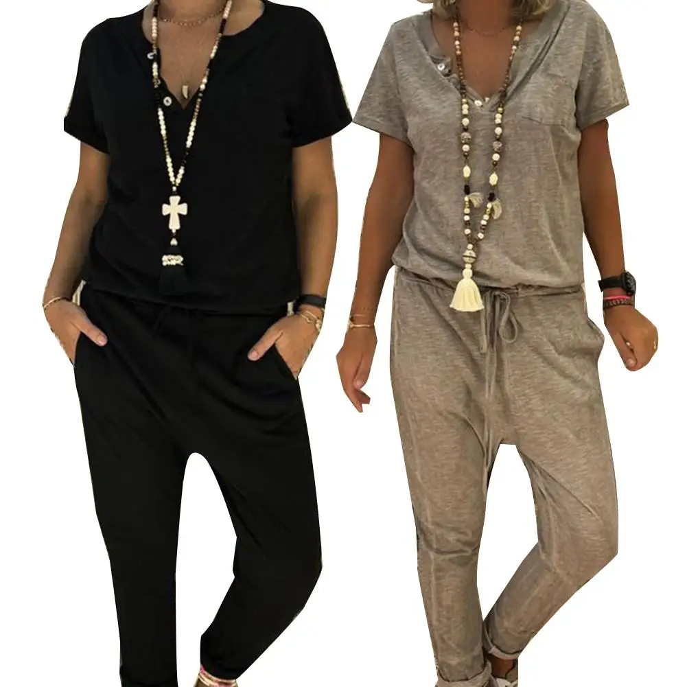 

Summer Ladies Leisure Chic Lady Solid Color Loose V-neck Drawstring Jumpsuit Siamese Trousers Women Jumpsuit Pants Loose