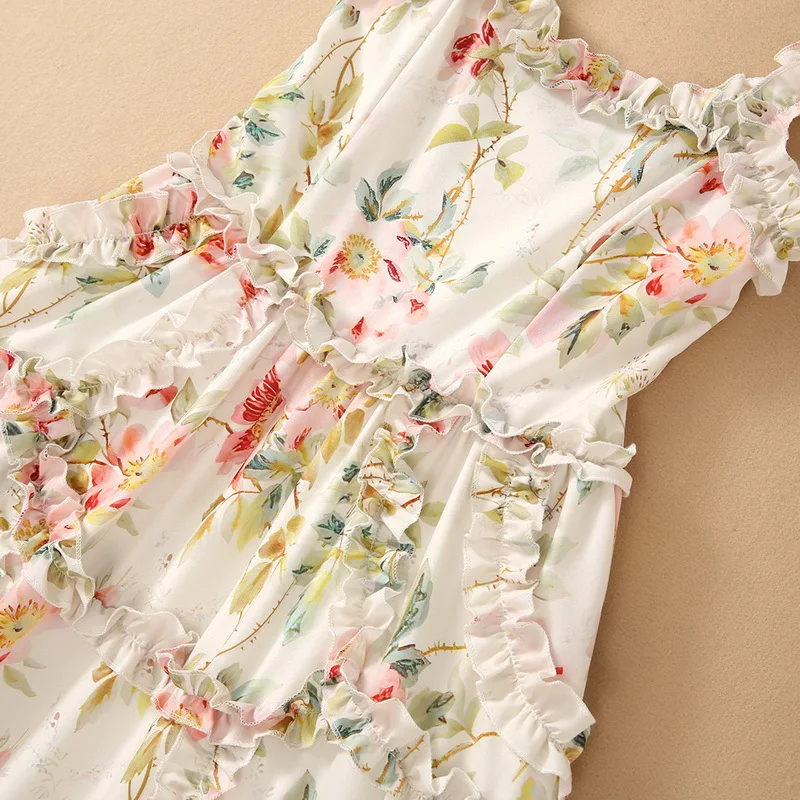 

European and American women's wear for summer 2021 Condole belt Fashion printed wood ear pleated dress