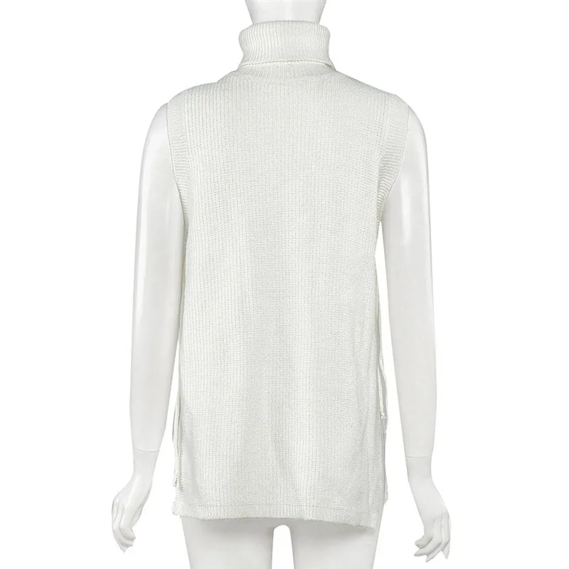

Women Sleeveless Sweater, Solid Color Turtleneck Knitted Tank Tops with Bandage Design, White/ Khaki