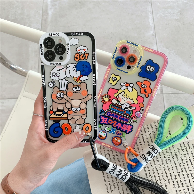 

Korea Cute Graffiti Comics Bear Cool Clear Phone case for iphone 12 Pro Max MiNi 11 XR X XS 7 8 plus SE 20 Cover With Hand Strap