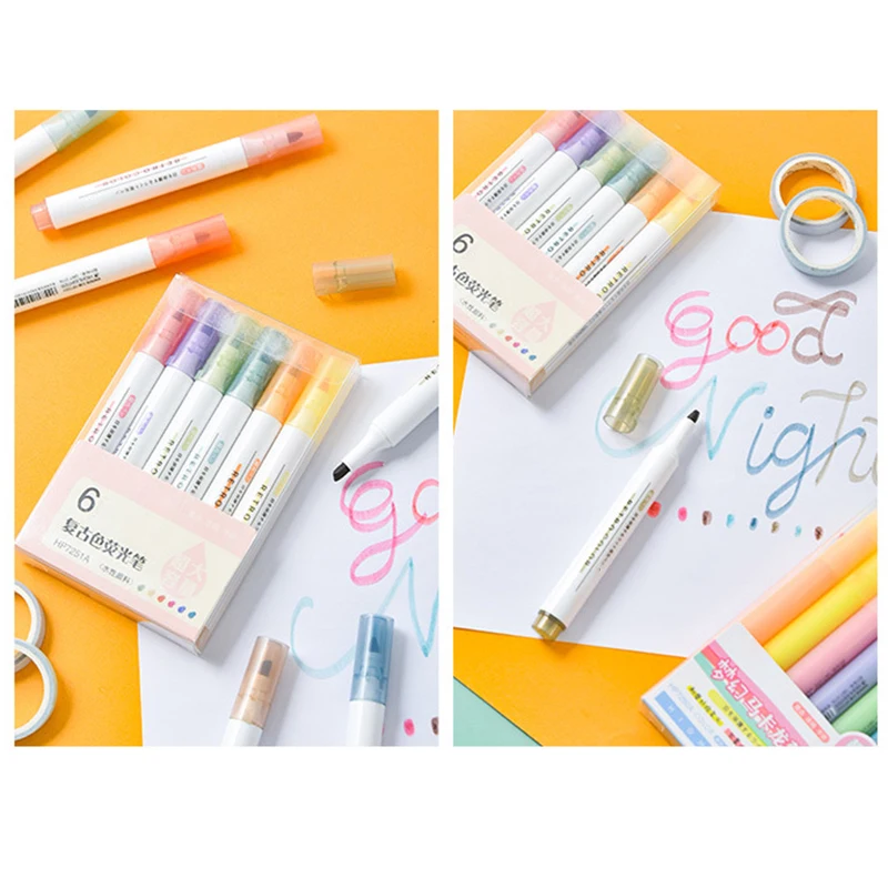 6pcs/set Double Head Fluorescent Highlighter Pen Markers Pastel Drawing For Student School Office Supplies Cute Stationery | Канцтовары