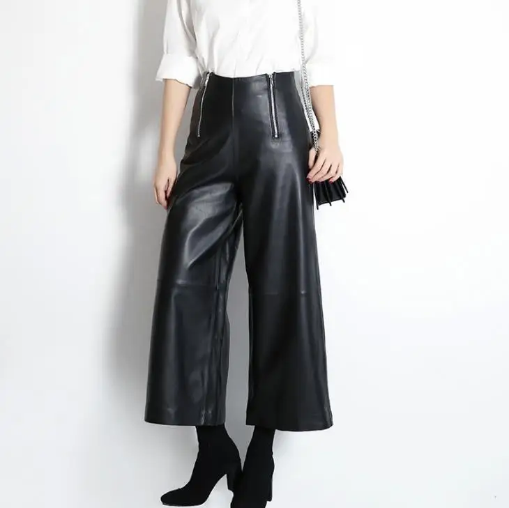 YR!Free shipping.casual.slim down.high-waistline. authetic sheepskin leather,women wide leg trousers.on sales.cheap