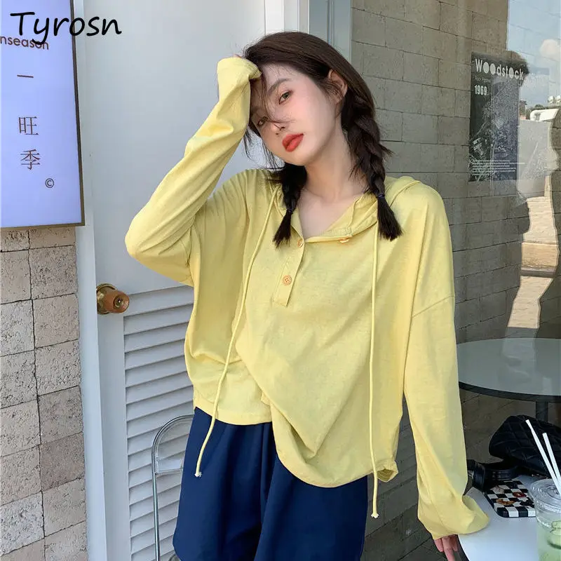 Long Sleeve T-shirts Hooded Solid Loose Spring Autumn Fashion Korean Style All-match Streetwear Thin Casual Preppy Students New