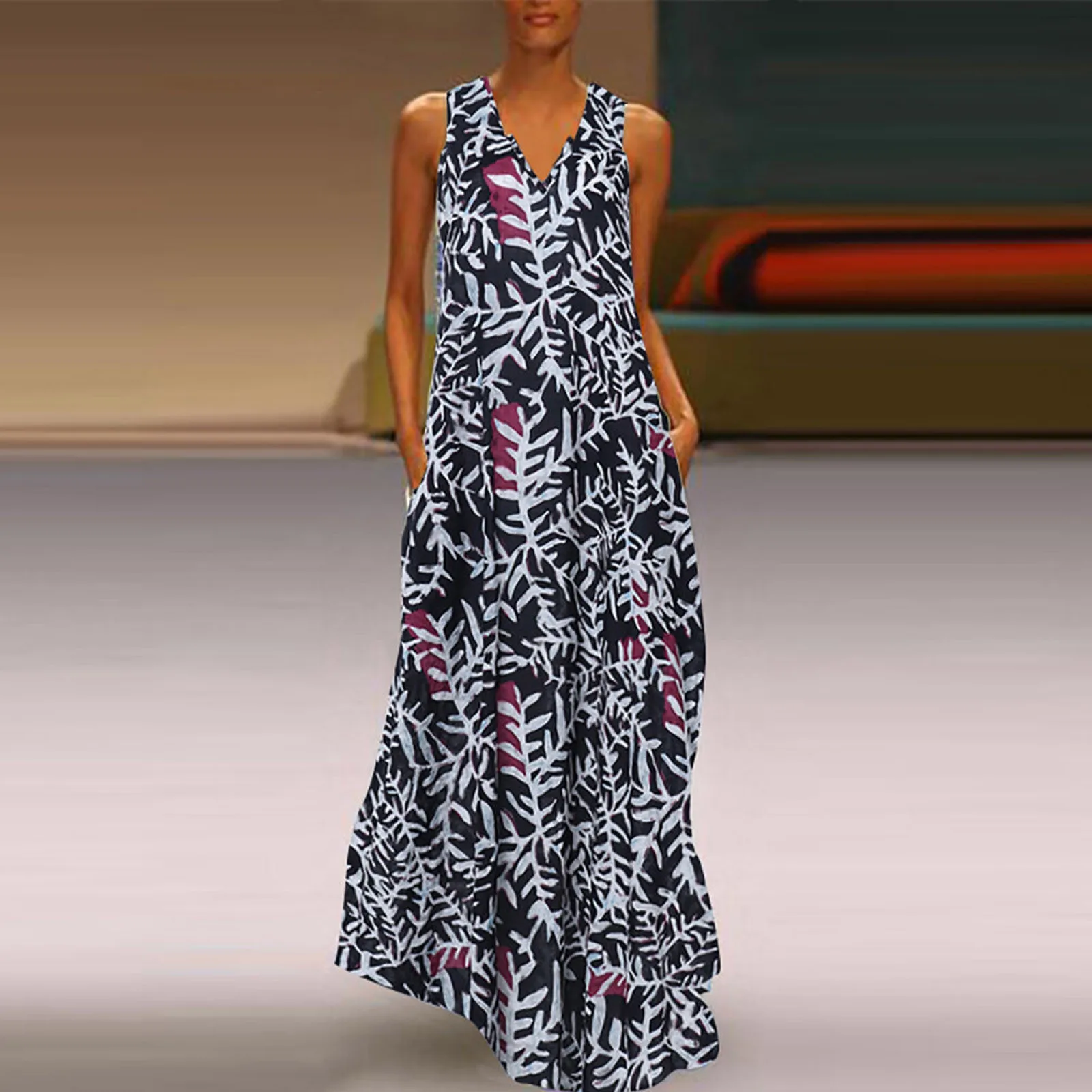 

damen kleidung Fashion Summer Women Dress V-Neck Sleeveless Casual Floral Printed Loose Maxi Dress ropa mujer verano 2021 L1