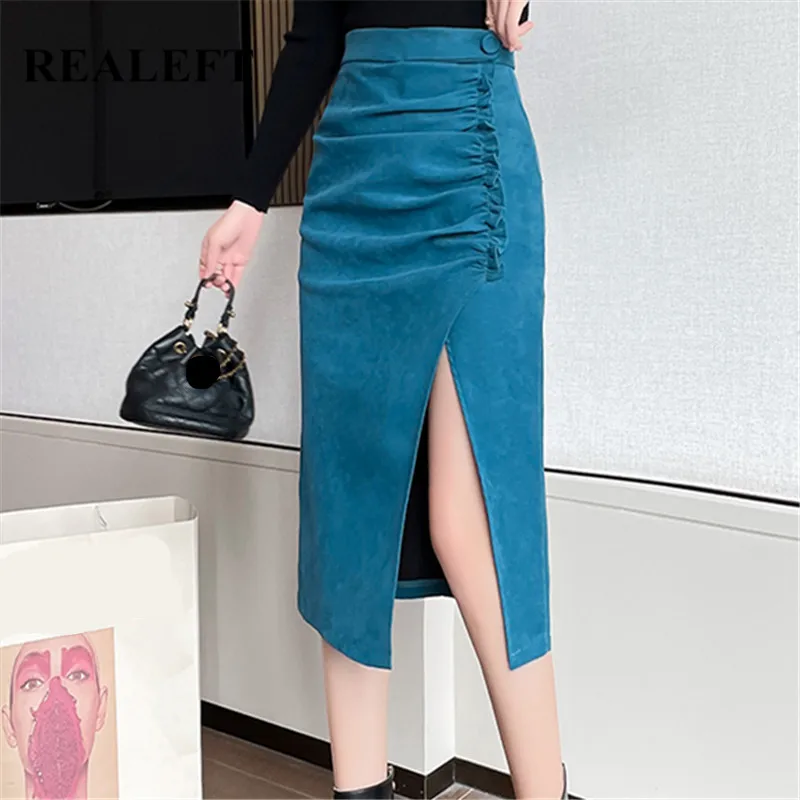 

REALEFT 2021 New Winter Women's Midi Skirts Autumn High Waist Ruffles Front Split Solid Color OL Style Sexy Pencil Skirts Female