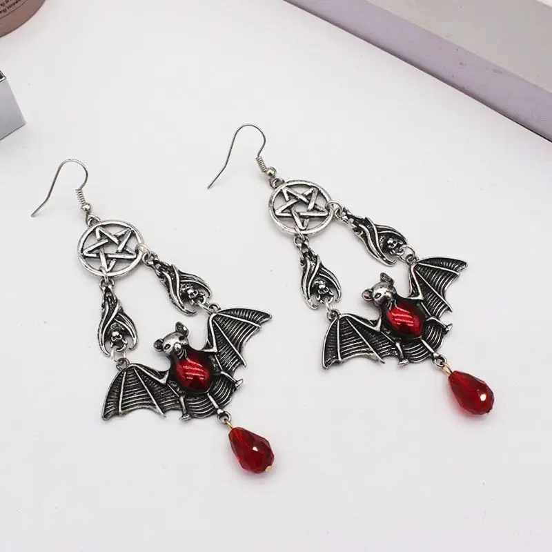 

87HC Vintage Silver Halloween Mythological Creature Red Vampire Bat Pendant Drop Earrings Gothic Victorian Jewelry